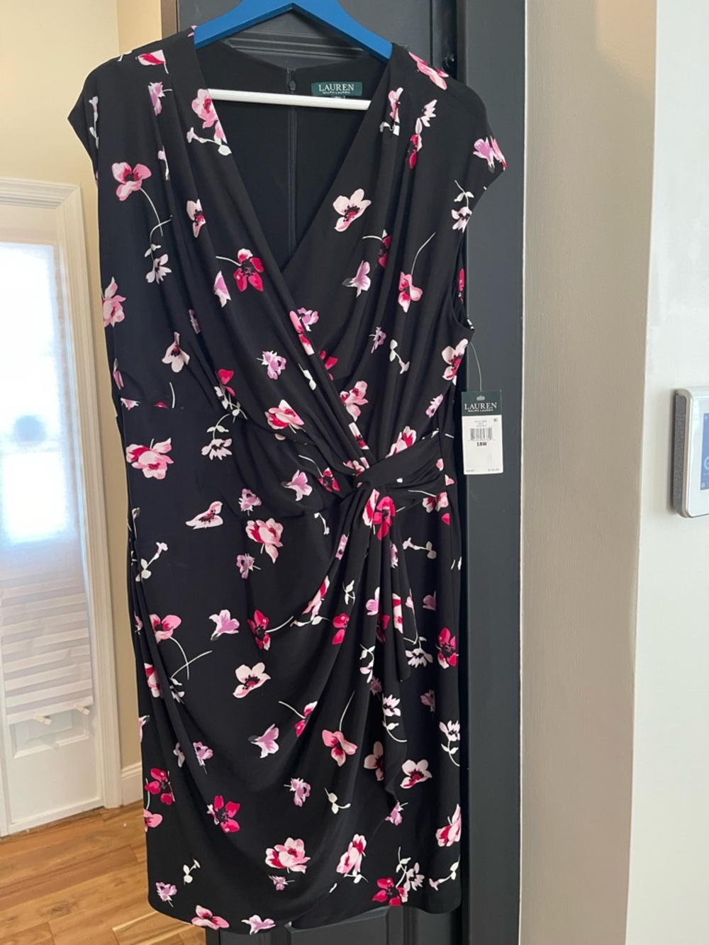 Lauren Ralph Lauren Black Midi Faux-Wrap Dress with Pink Floral Print